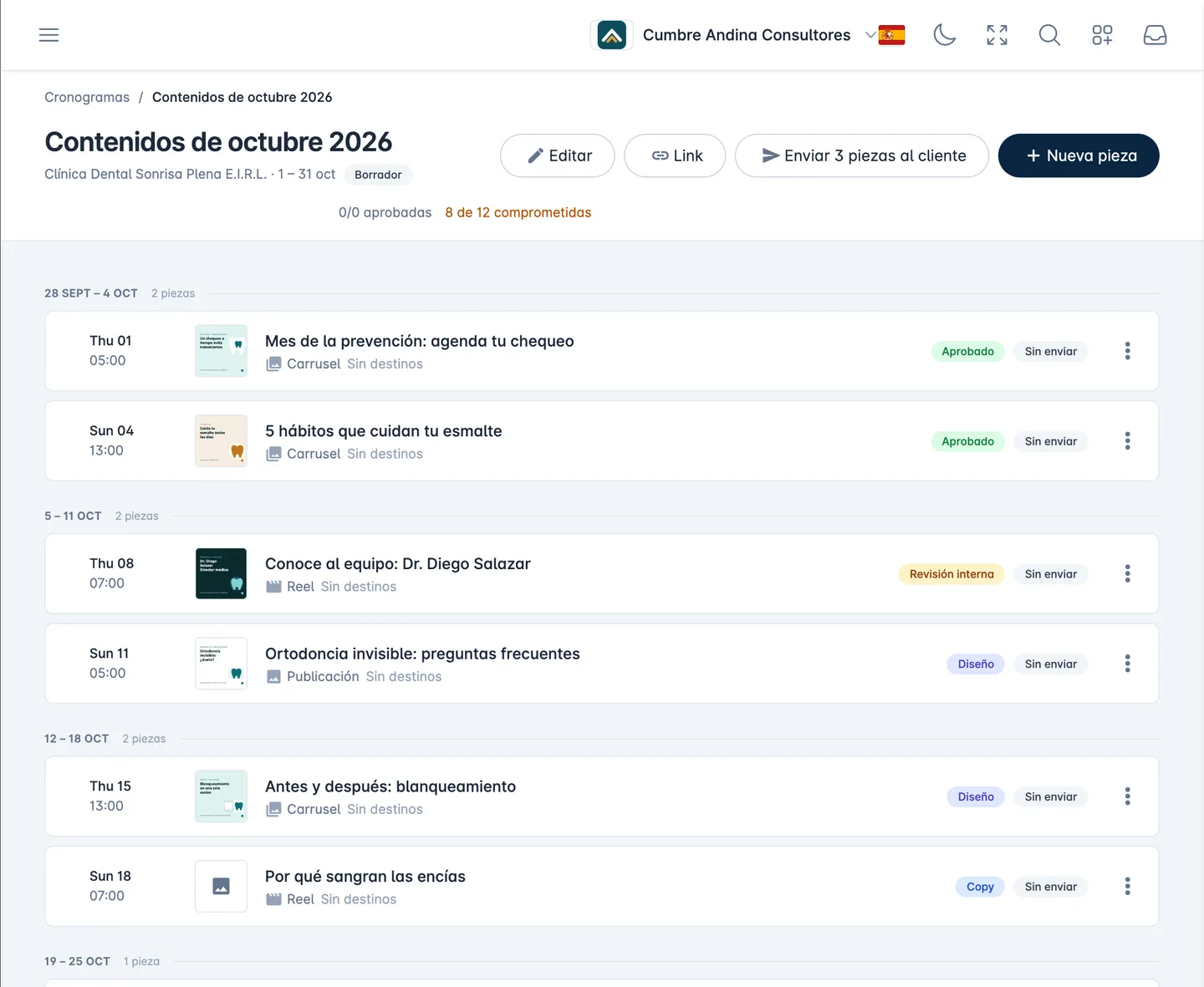 A monthly content plan in Alaz 360 listing each week’s posts with their artwork and production status