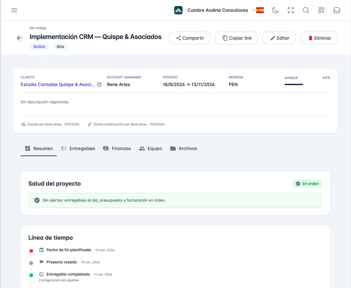 A project in Alaz 360 showing the customer, the period, the progress bar and the deliverables timeline